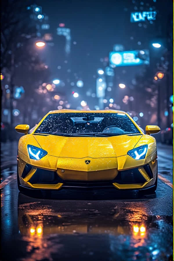 Picha ya Mandhari ya Neon Yellow Lamborghini Usiku na Mwanga wa Jiji la 4K Picha ya Ukuta