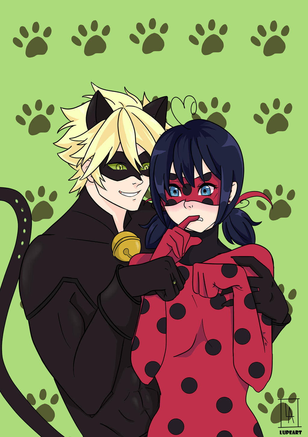 Picha ya Mbwa ya Busu la Ladybug na Cat Noir Picha ya Ukuta