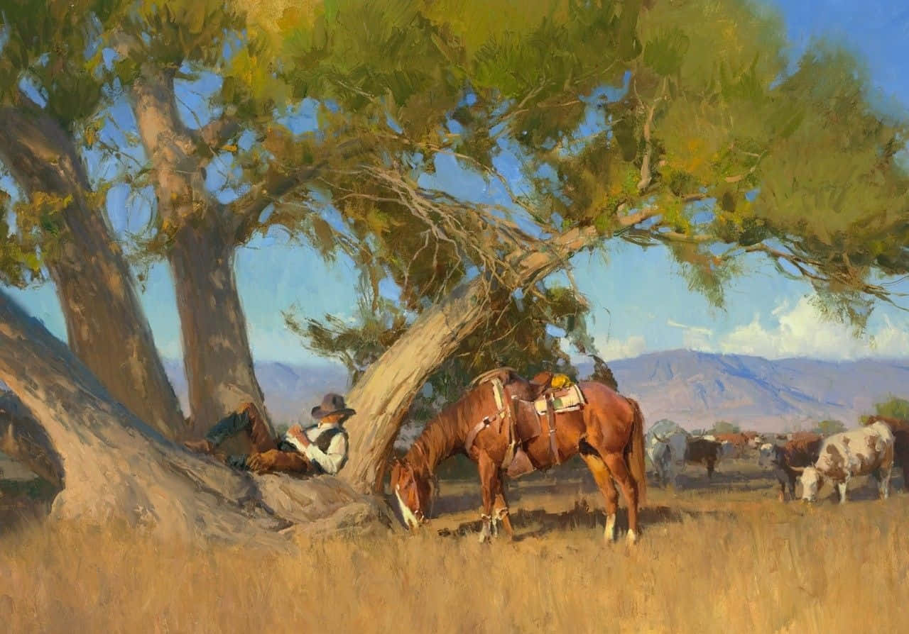 Picha Ya Mchoro Wa Cowboy Anayepumzika Kutoka Magharibi Picha ya Ukuta