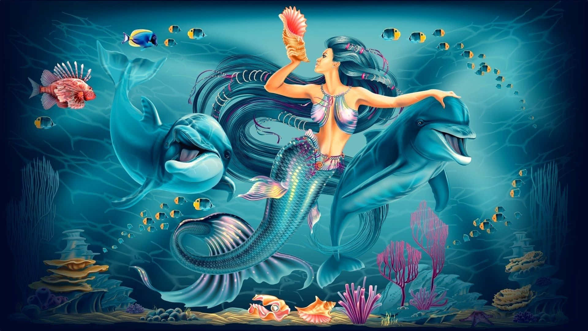 Picha ya Mermaid na Dolphins za Bluu Picha ya Ukuta