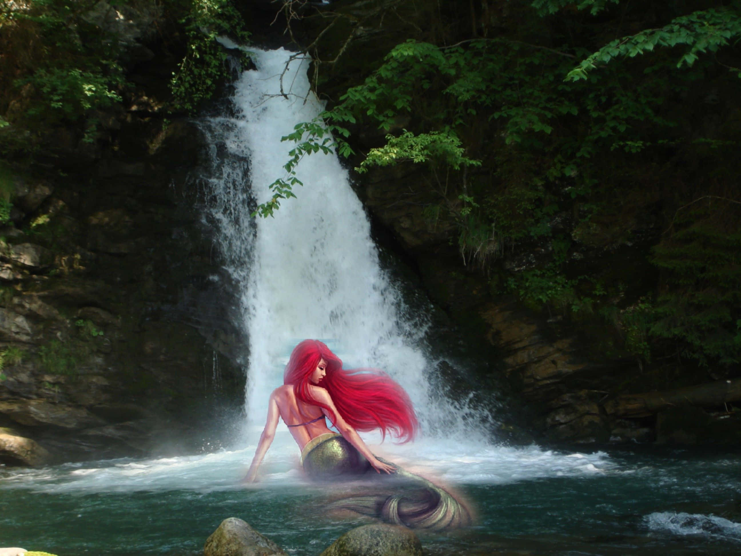 Picha ya Mermaid na Maporomoko ya Maji Picha ya Ukuta