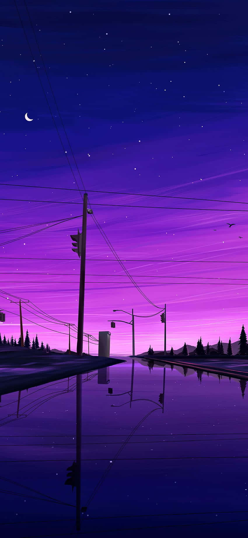 Picha ya Miji na Mto yenye Rangi ya Purple Aesthetic Picha ya Ukuta