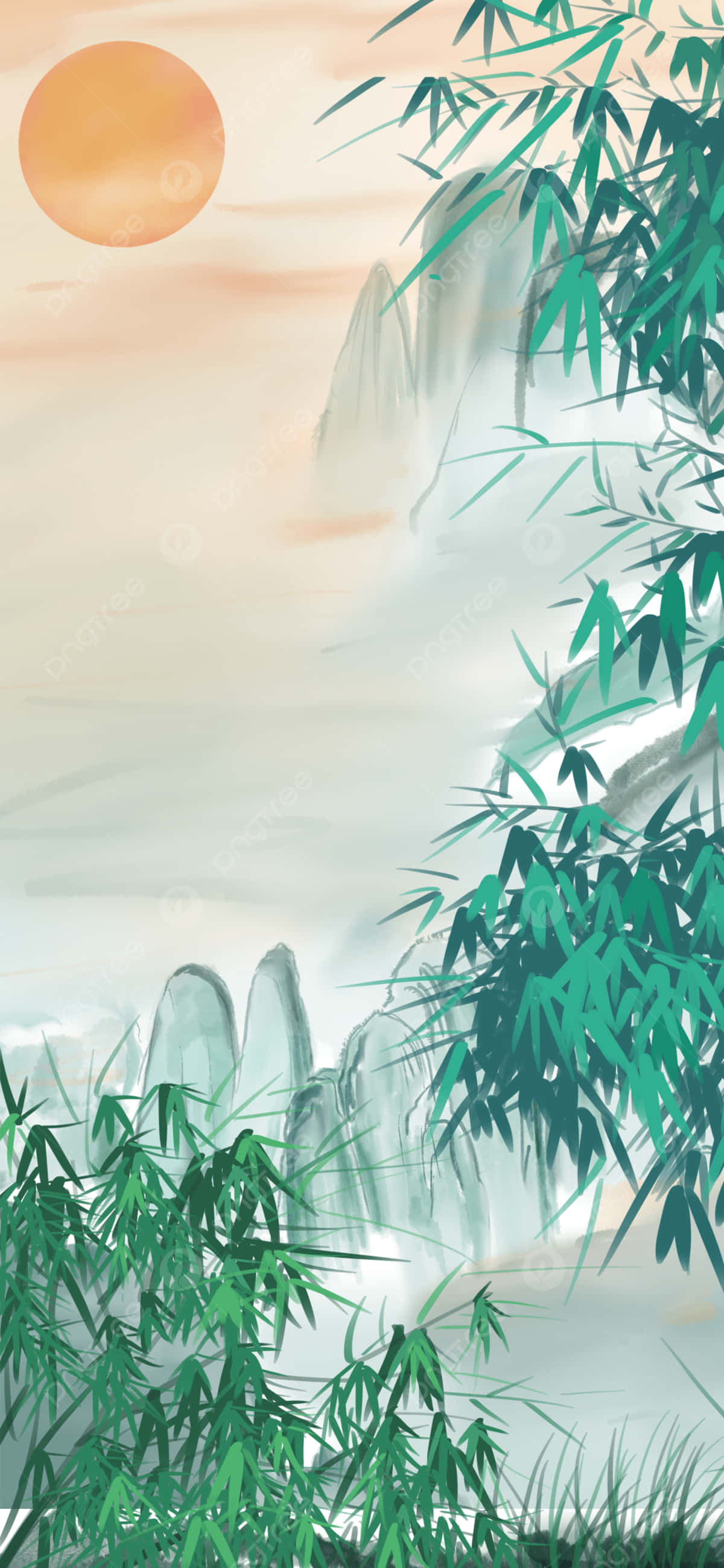 picha ya msitu wa bamboo na mlima Picha ya Ukuta