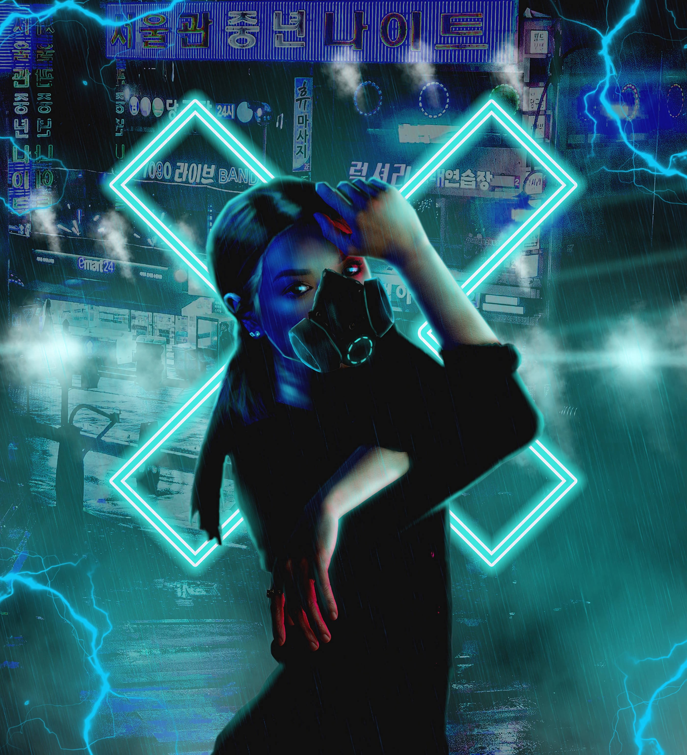 Image Cyberpunk Girl Respiratory Mask Picha ya Ukuta