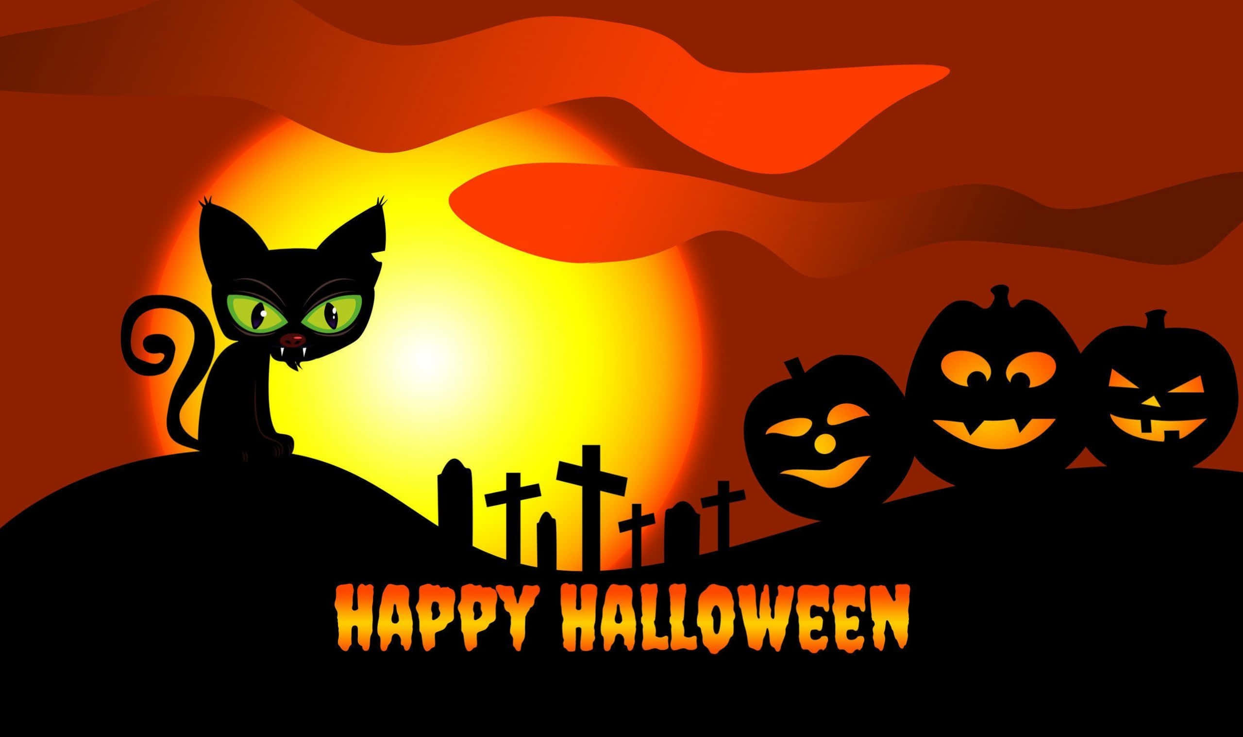 Picha ya Paka wa Katuni ya Halloween na Maboga Makaburini Picha ya Ukuta