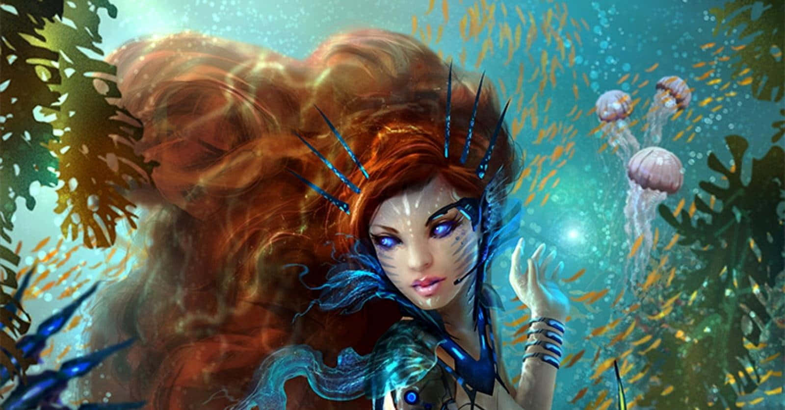 Picha ya Rangi ya Mermaid Mwenye Nywele Nyekundu za Fantasia Picha ya Ukuta