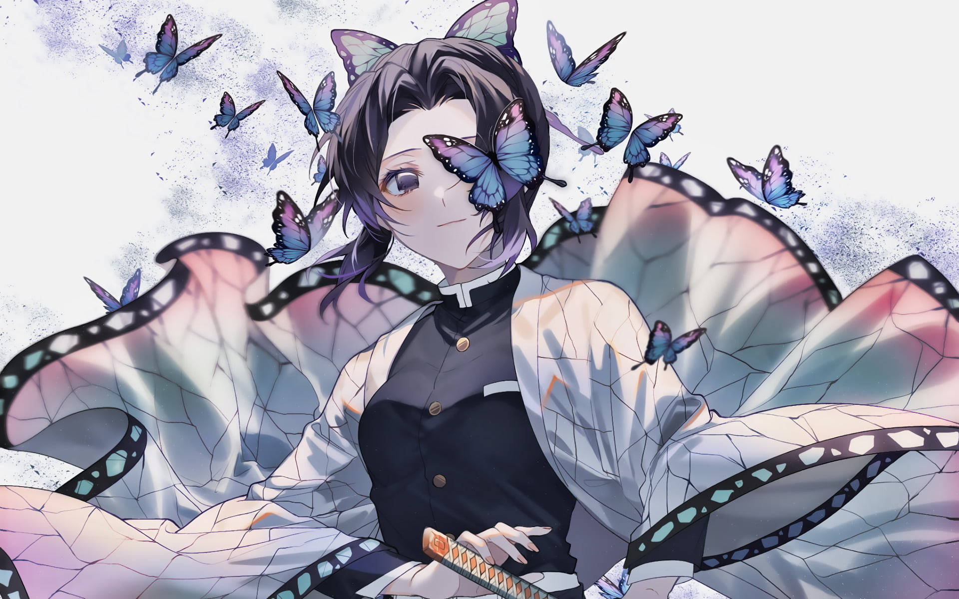 Picha ya Shinobu na Vipepeo wa Buluu na Zambarau kutoka Demon Slayer Picha ya Ukuta