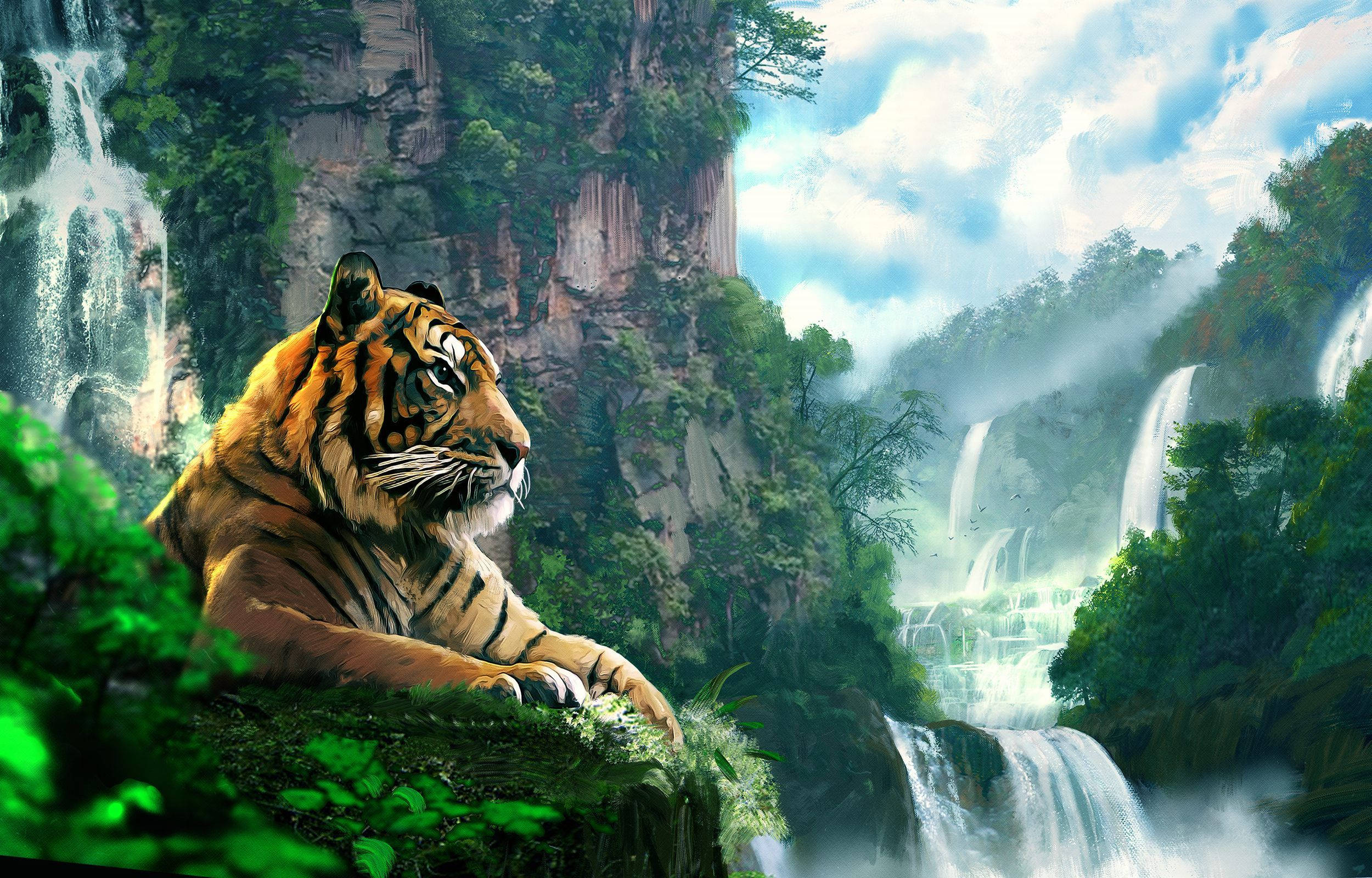 Picha ya Tiger Karibu na Maporomoko ya Maji Picha ya Ukuta