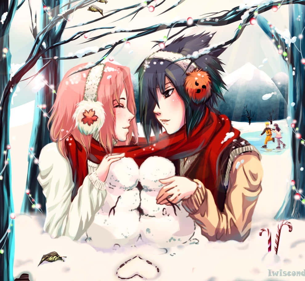 Picha ya Wanandoa Sakura na Sasuke wakati wa Krismasi Picha ya Ukuta