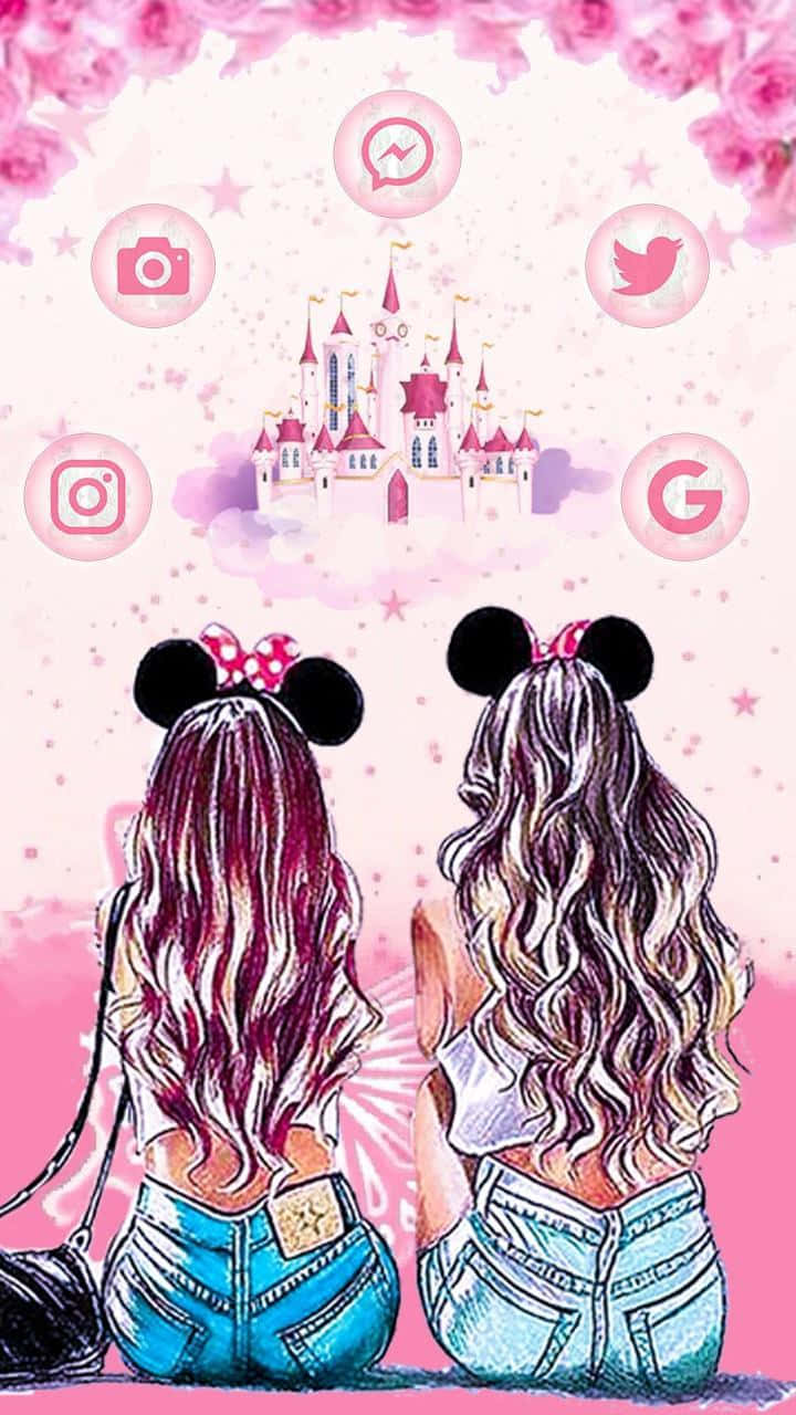 Picha ya Wasichana wa Katuni Wanaosherehekea Urafiki kwenye Kasri la Disneyland Picha ya Ukuta