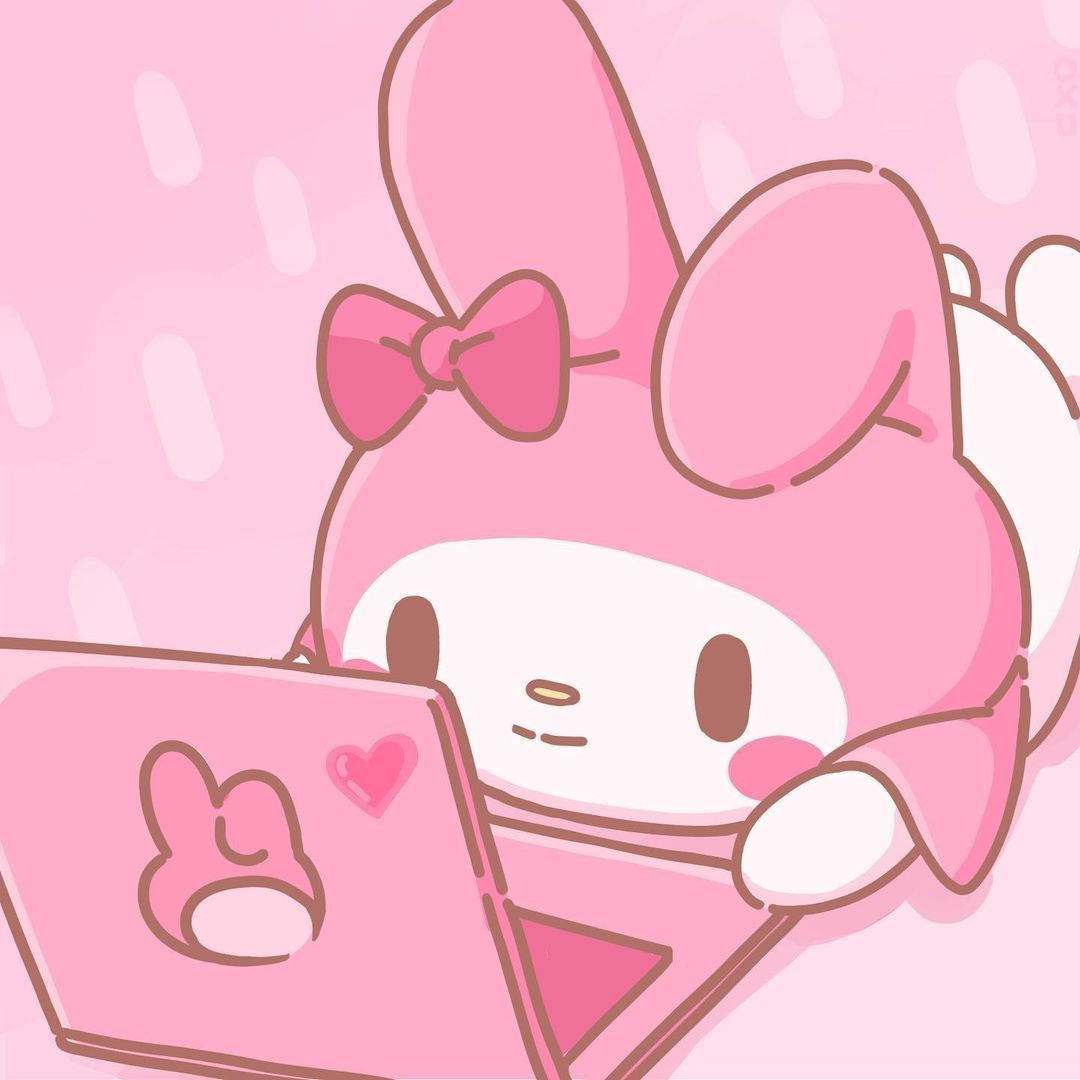 Picha ya Wasifu ya My Melody Akiwa na Laptop ya Pinki Picha ya Ukuta