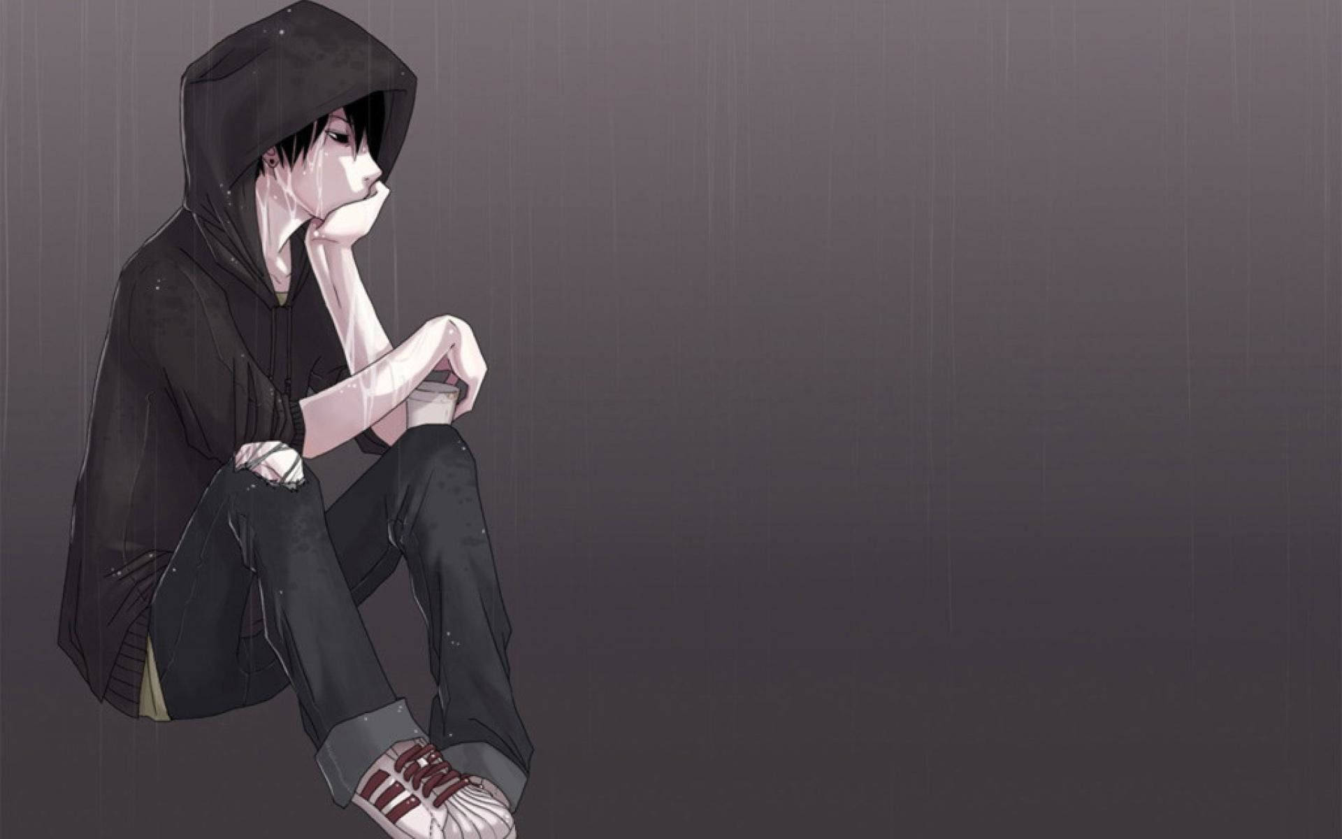 Picha za anime za kusikitisha za hoodie nyeusi Picha ya Ukuta