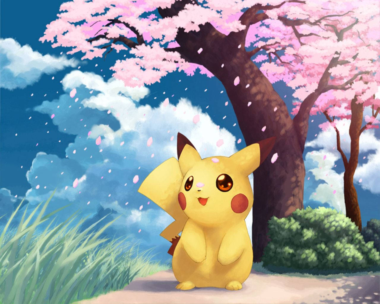 Pikachu katikati ya maua ya cherry Picha ya Ukuta