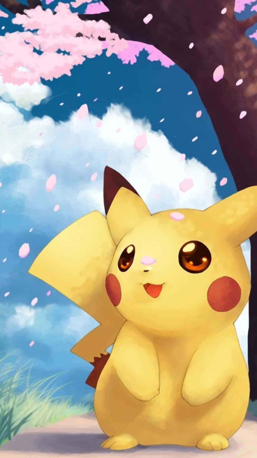 Pikachu Mzuri Akiwa Juu ya Gogo Picha ya Ukuta