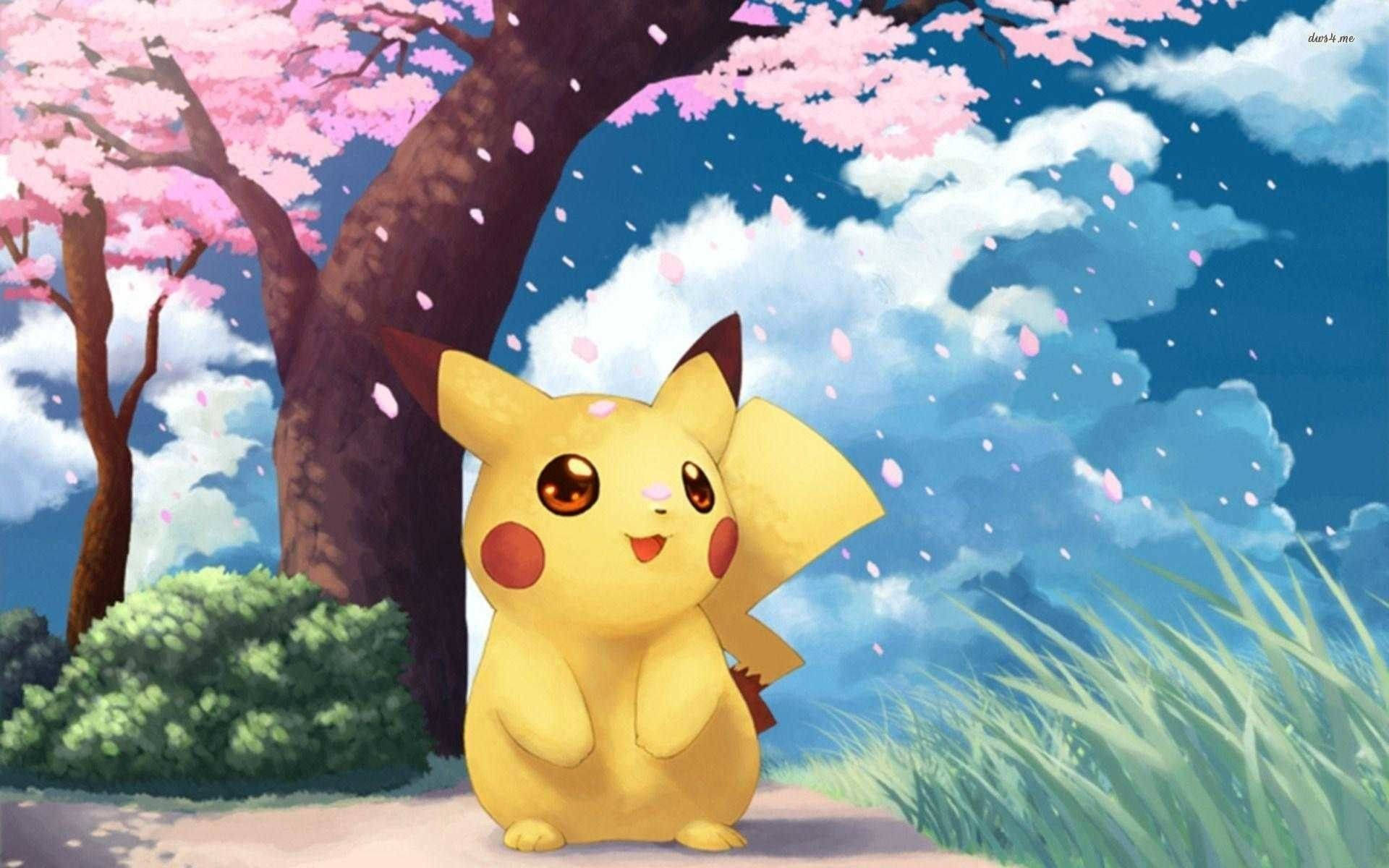 Pikachu Mzuri wa Pokemon na Maua ya Cherry Picha ya Ukuta