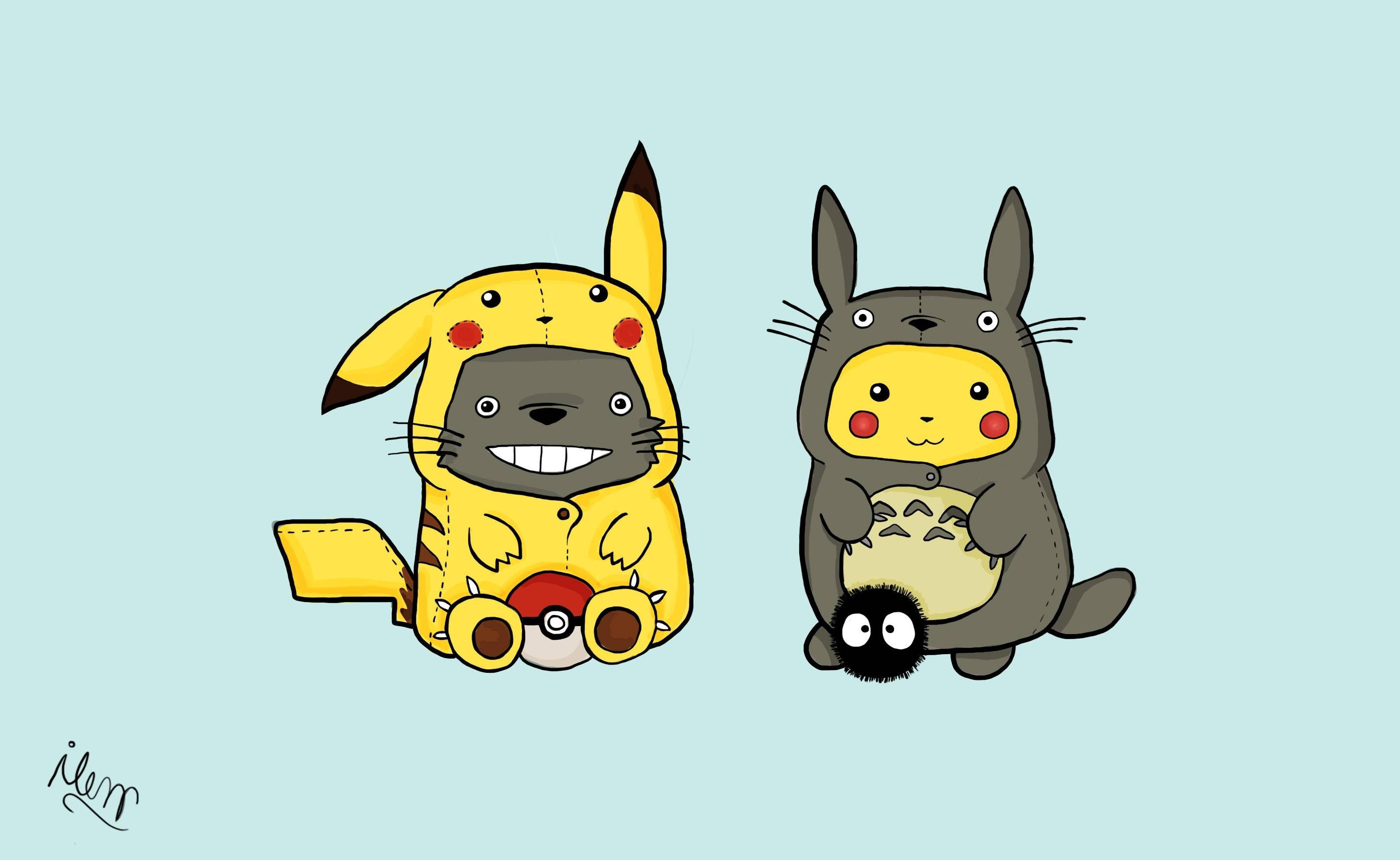 Pikachu na Totoro wakiungana Picha ya Ukuta