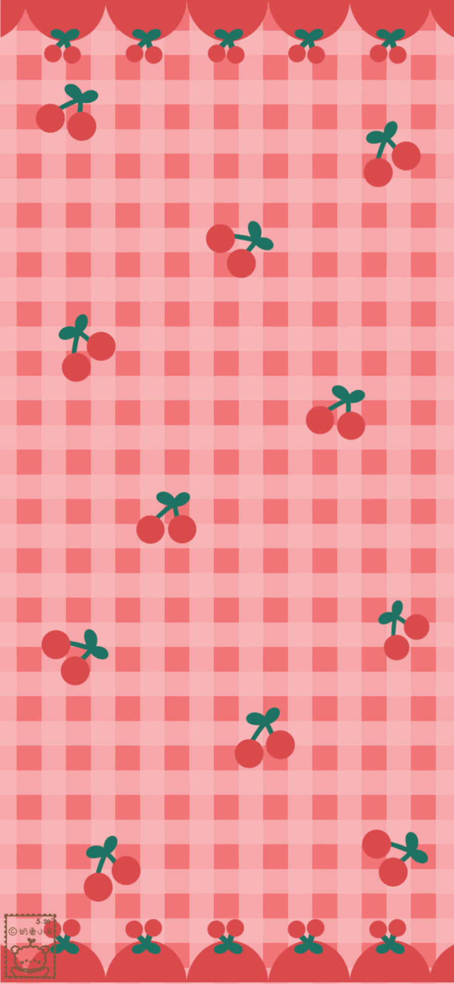 Pink Checkered Cute Red Cherries Picha ya Ukuta
