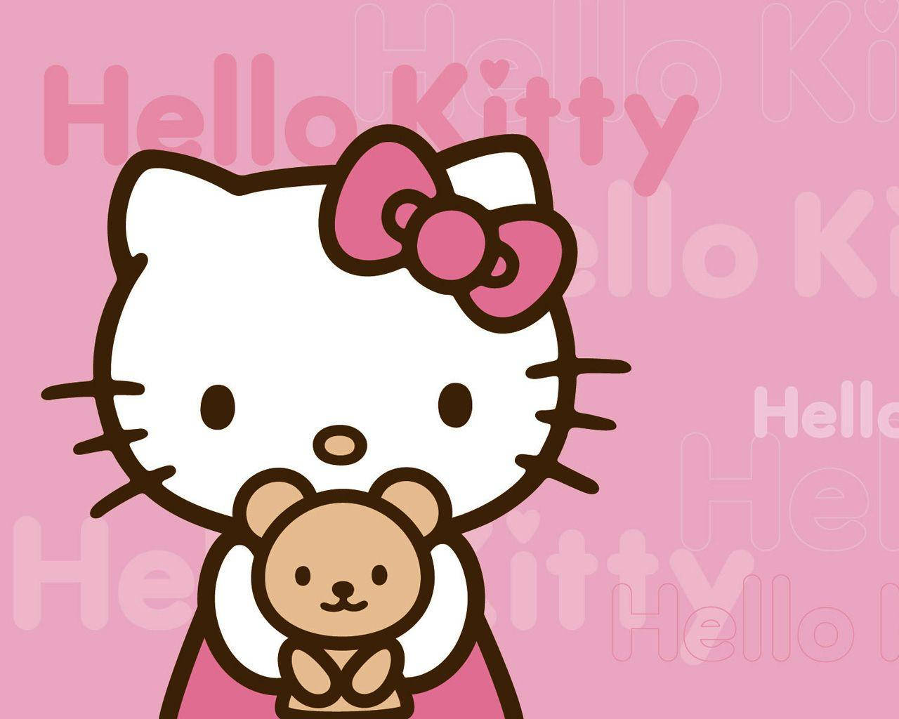 Pink Hello Kitty Akiwa Na Teddy Bear Picha ya Ukuta