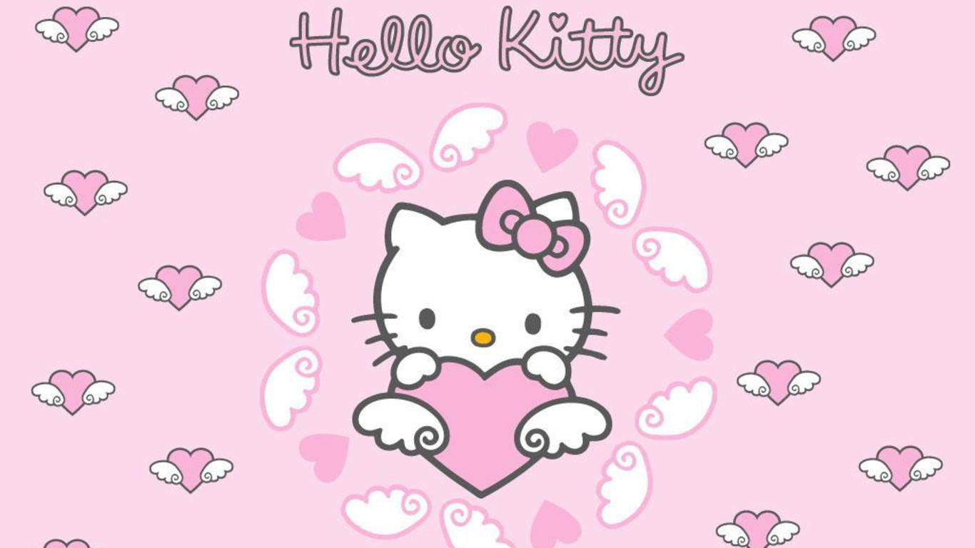 Pink Hello Kitty Mwenye Moyo Na Mabawa Picha ya Ukuta