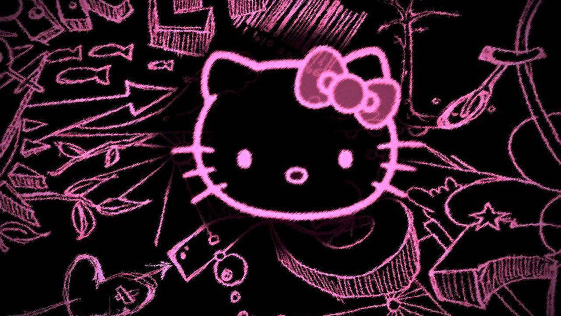 Pink na Nyeusi Hello Kitty Doodle Picha ya Ukuta