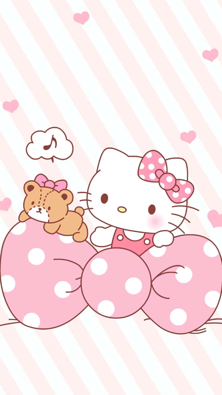Pinki Mrembo Hello Kitty Utepe Wenye Madoadoa Picha ya Ukuta