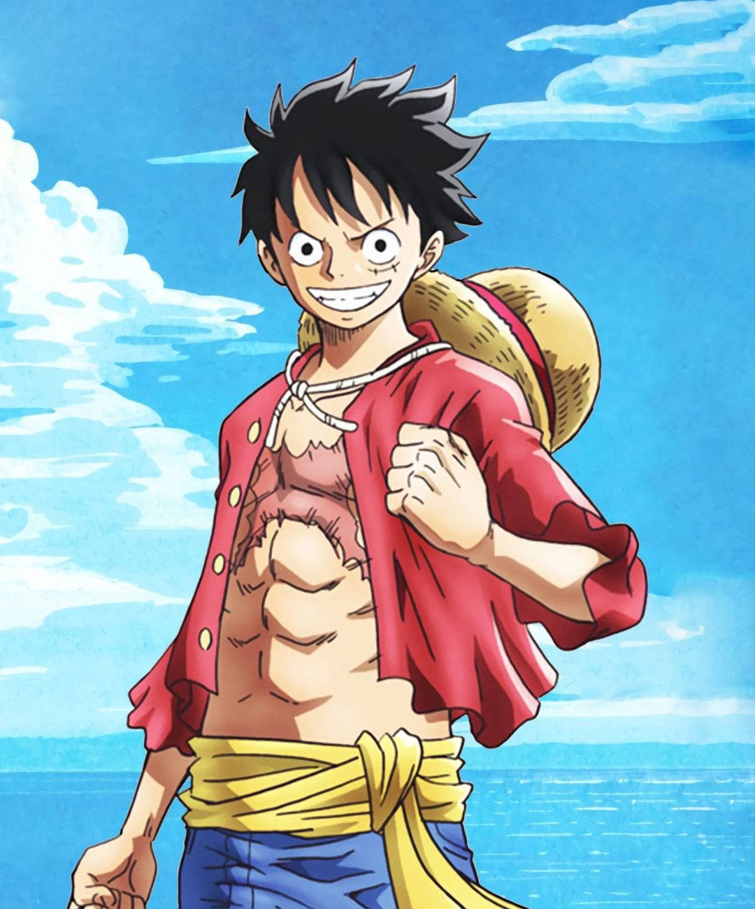 Pose ya Mafanikio ya Luffy ya One Piece yenye Athari ya Upepo Picha ya Ukuta