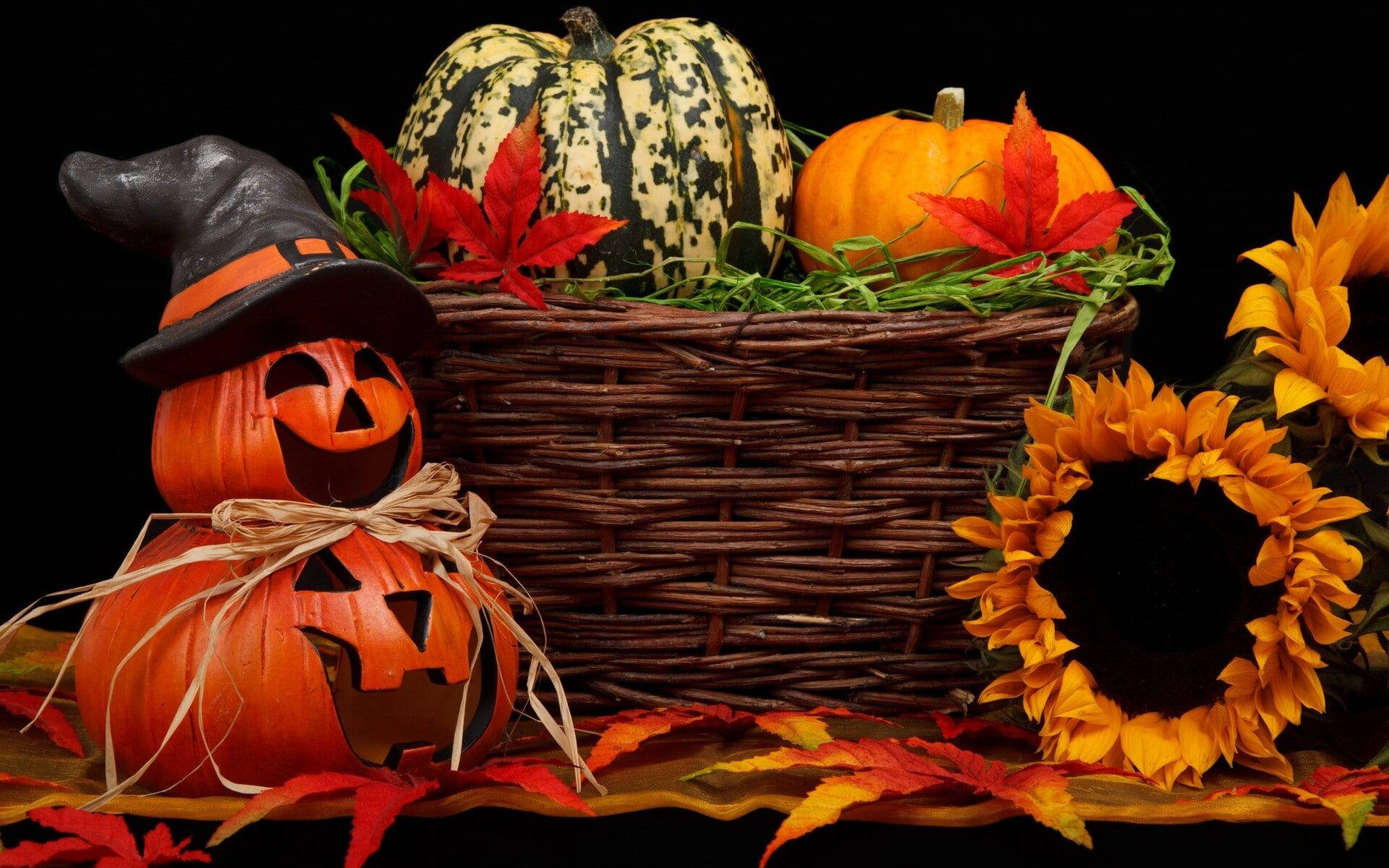 Pumpkin na Maua ya Halloween yenye Sifa ya Kuwa Mzuri Picha ya Ukuta