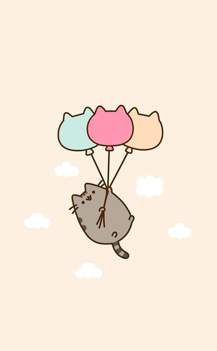 Pusheen Mrembo wa Kawaii Akiwa na Baluni Picha ya Ukuta
