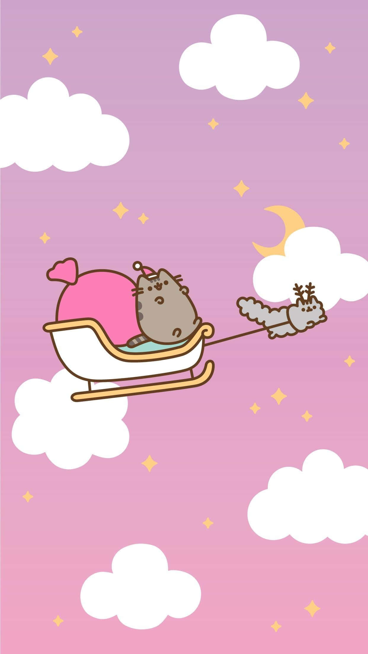 Pusheen Paka Mrembo wa Krismasi kwenye Sledi Picha ya Ukuta