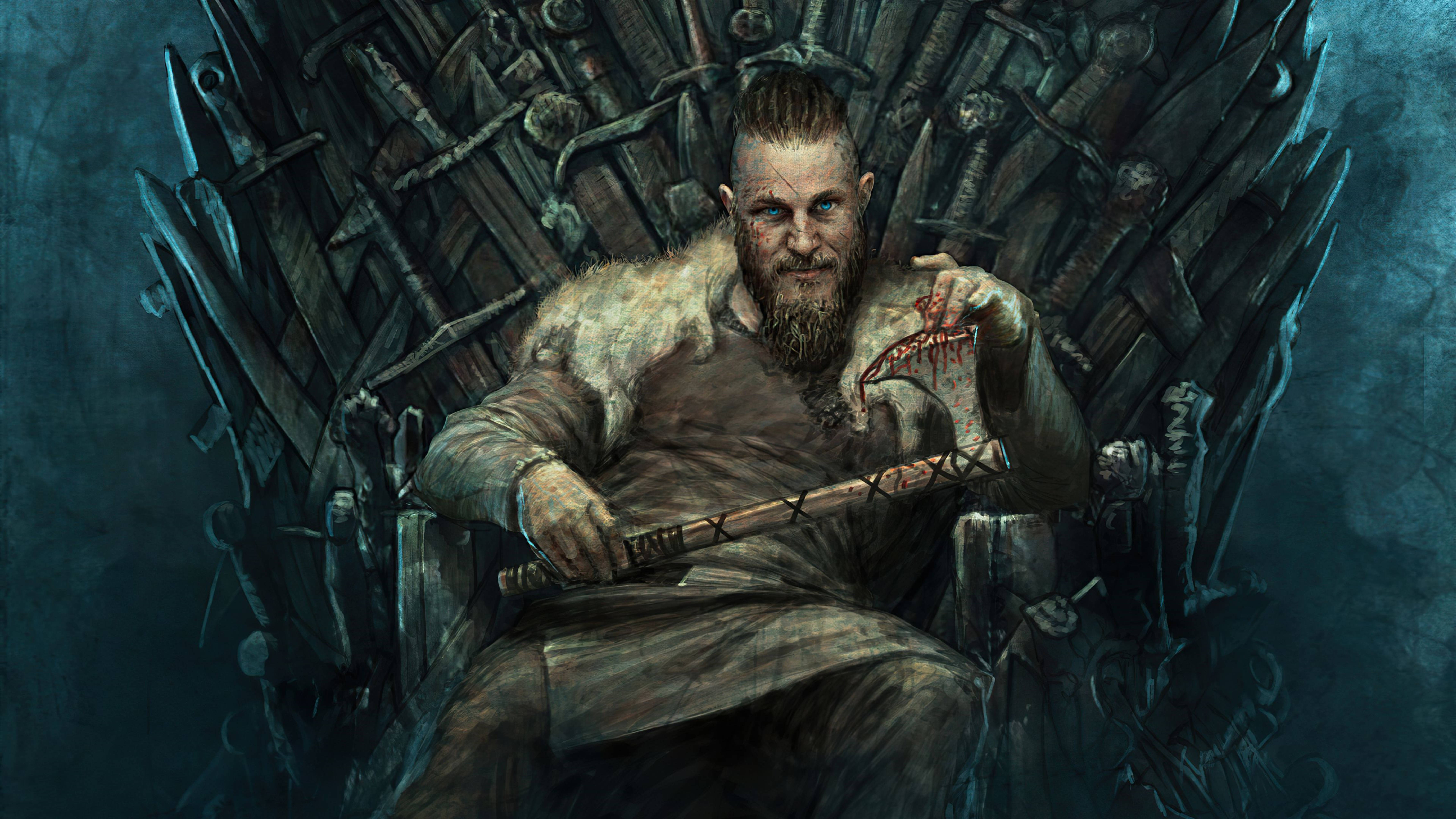 Ragnar Lothbrok 4K Kwenye Kiti cha Enzi cha Chuma Picha ya Ukuta
