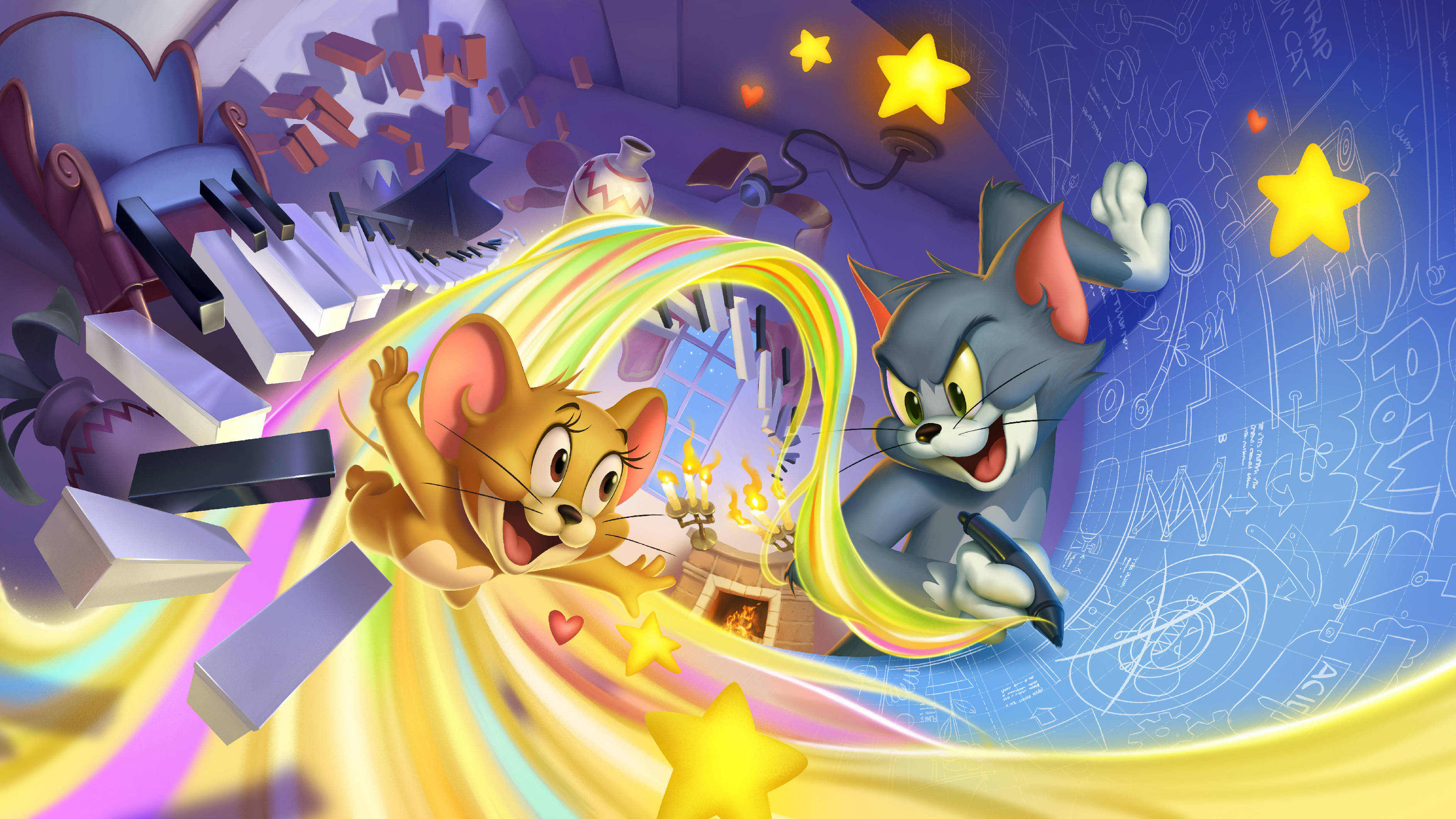 Rangi Nyororo na Mandhari ya 3D ya Tom na Jerry Picha ya Ukuta