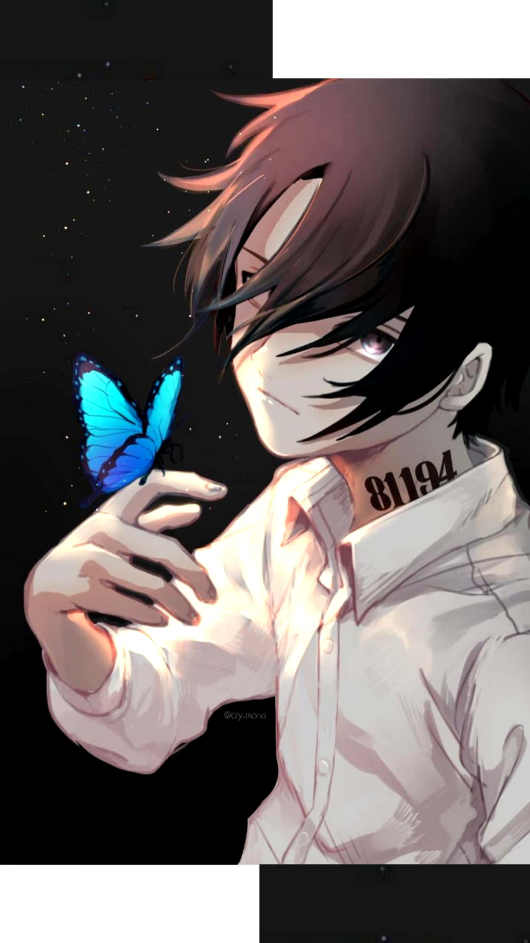 Ray The Promised Neverland Akiwa na Kipepeo wa Bluu Picha ya Ukuta