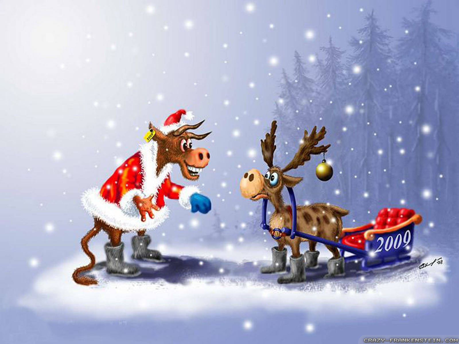 Reindeers Krismasi ya Kuchekesha Picha ya Ukuta
