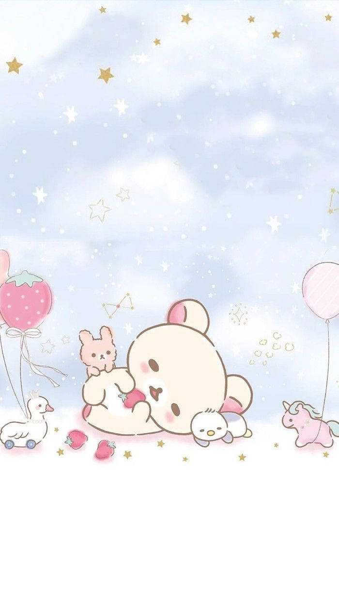 Rilakkuma Mrembo Akiwa na Wahusika Warangi ya Pinki Picha ya Ukuta