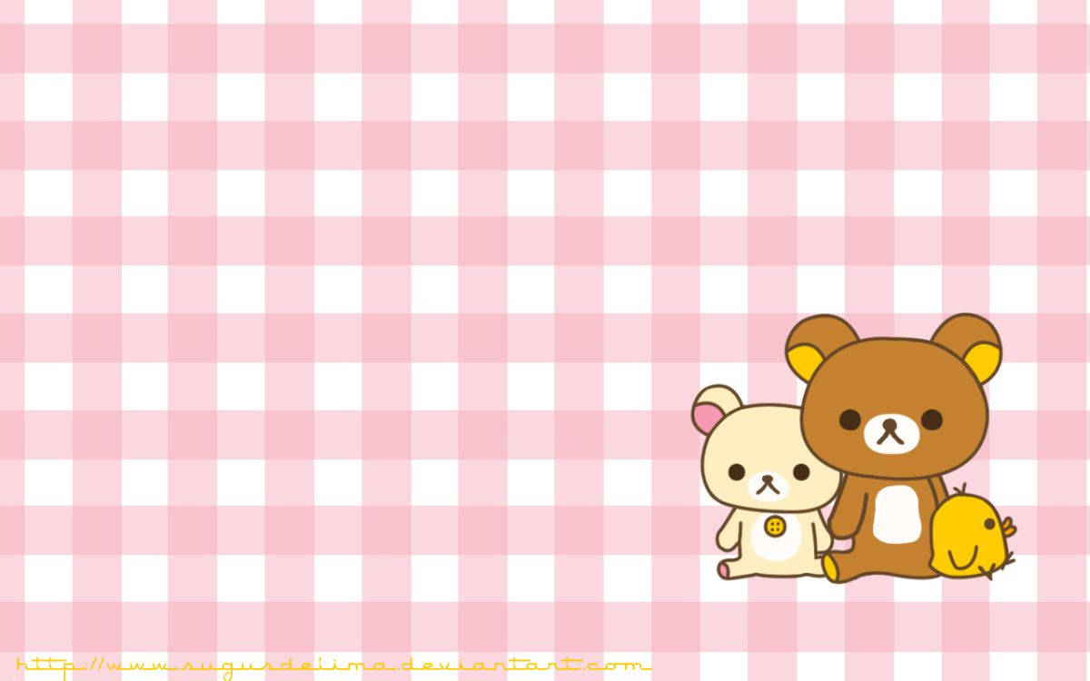 Rilakkuma na Marafiki Katika Mandhari ya Pinki Yenye Miraba Picha ya Ukuta
