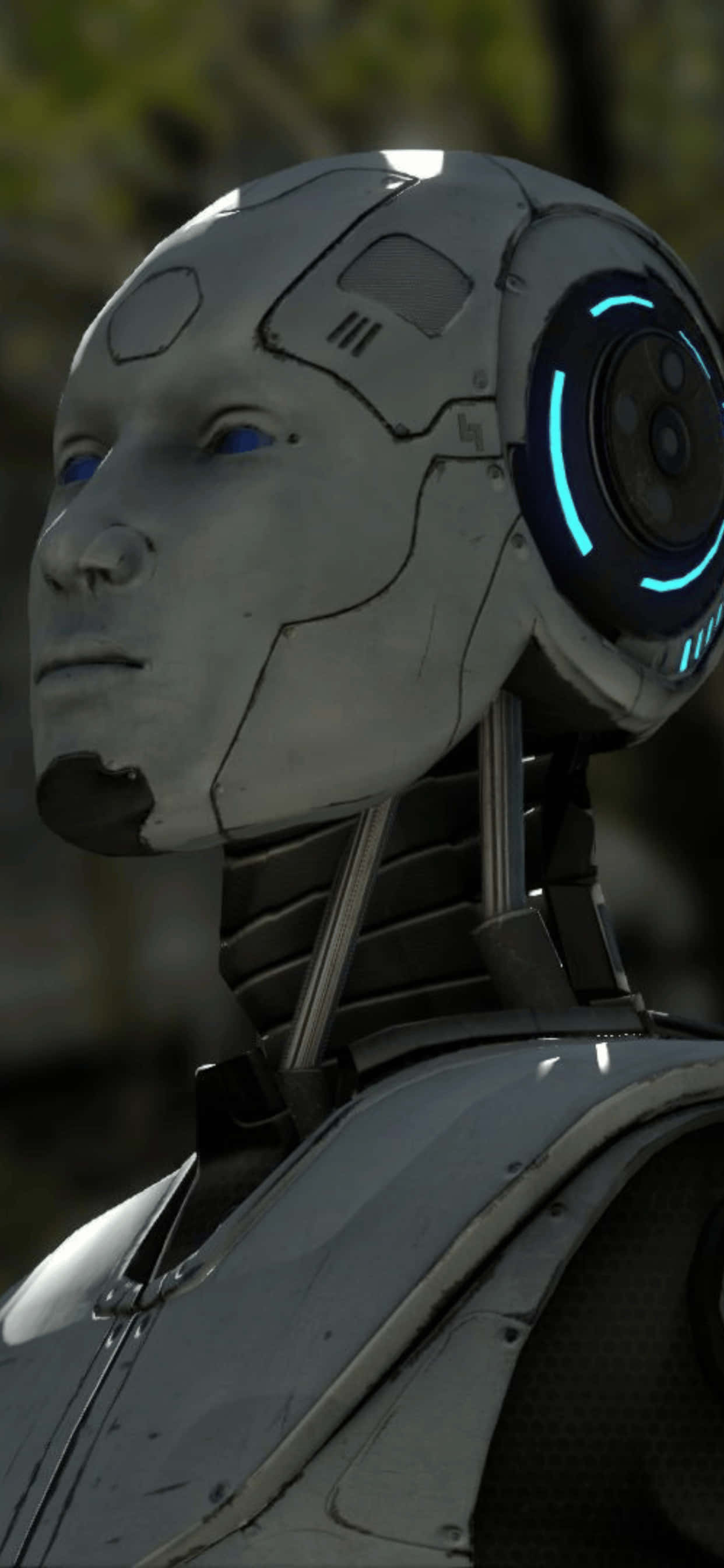 roboti yenye macho ya bluu na pete ya bluu kwenye kichwa chake Picha ya Ukuta