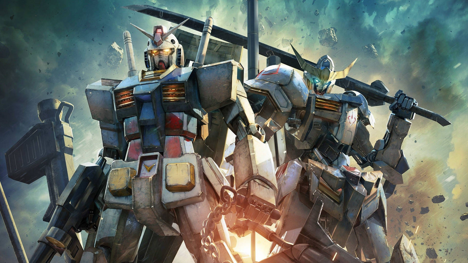 Roboti za Gundam zikishika silaha zao Picha ya Ukuta