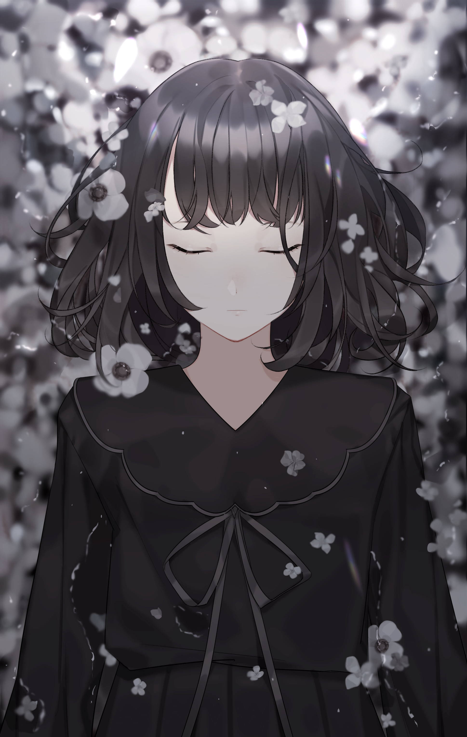 Sad Anime Girl Black And White With Flowers Picha ya Ukuta