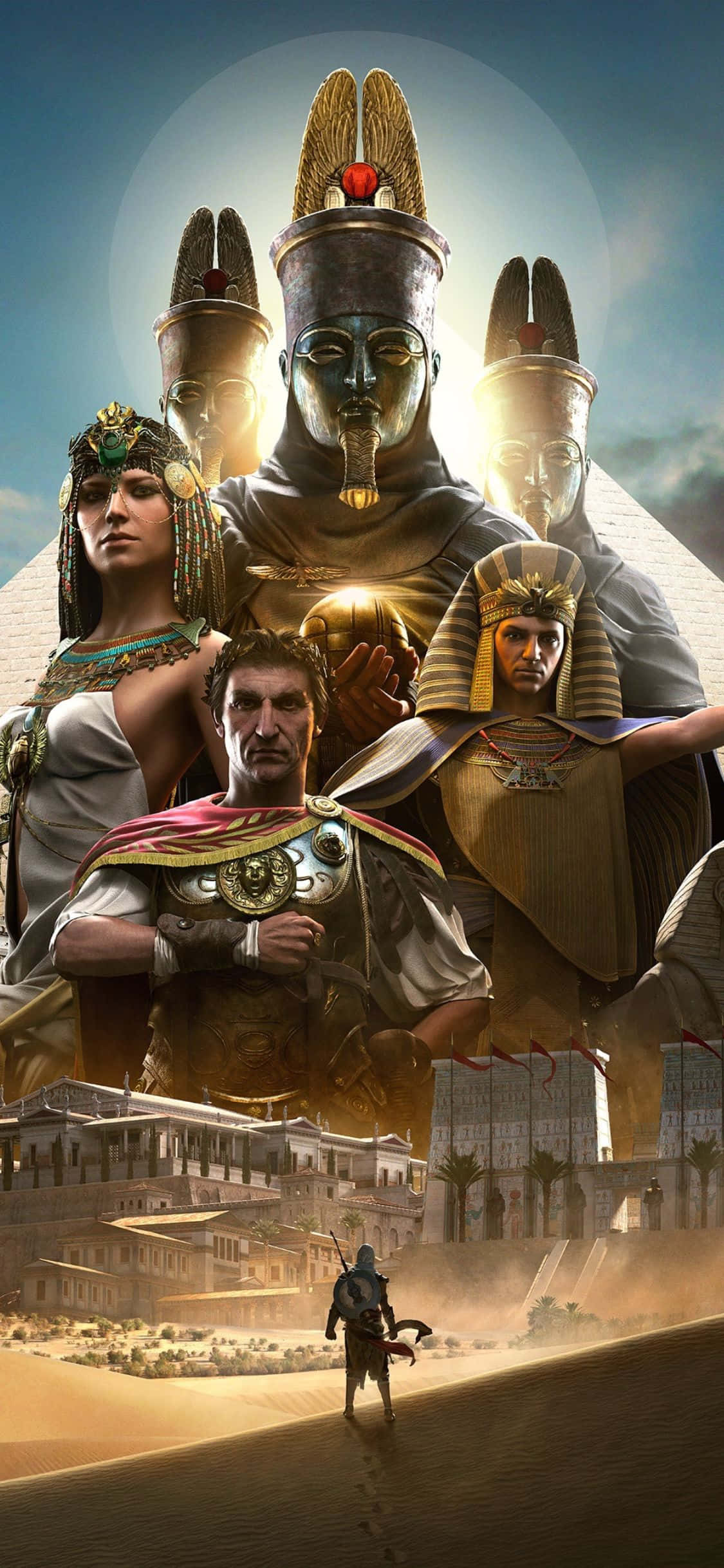 Safari ya Misri ya Kale na Assassins Creed Origins kwenye iPhone X. Picha ya Ukuta