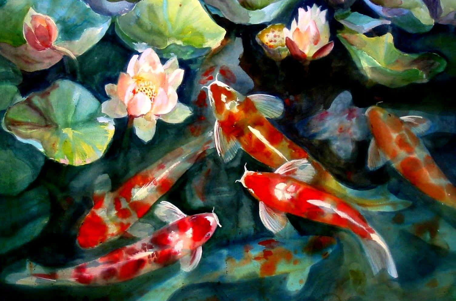 Samaki wa Koi wa Rangi ya Chungwa na Maua ya Lotus Picha ya Ukuta