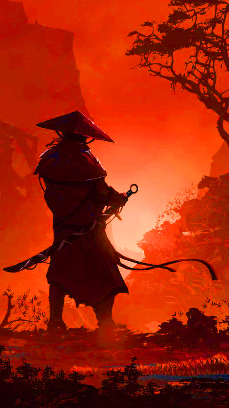 Samurai Anime Ronin Mzalendo Mlima Mwekundu Picha ya Ukuta
