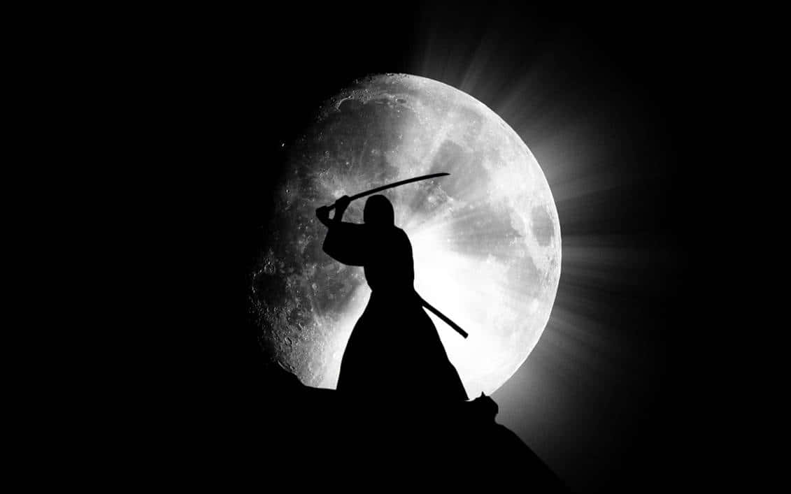 Samurai Anime Silhouette Mwezi Picha ya Ukuta
