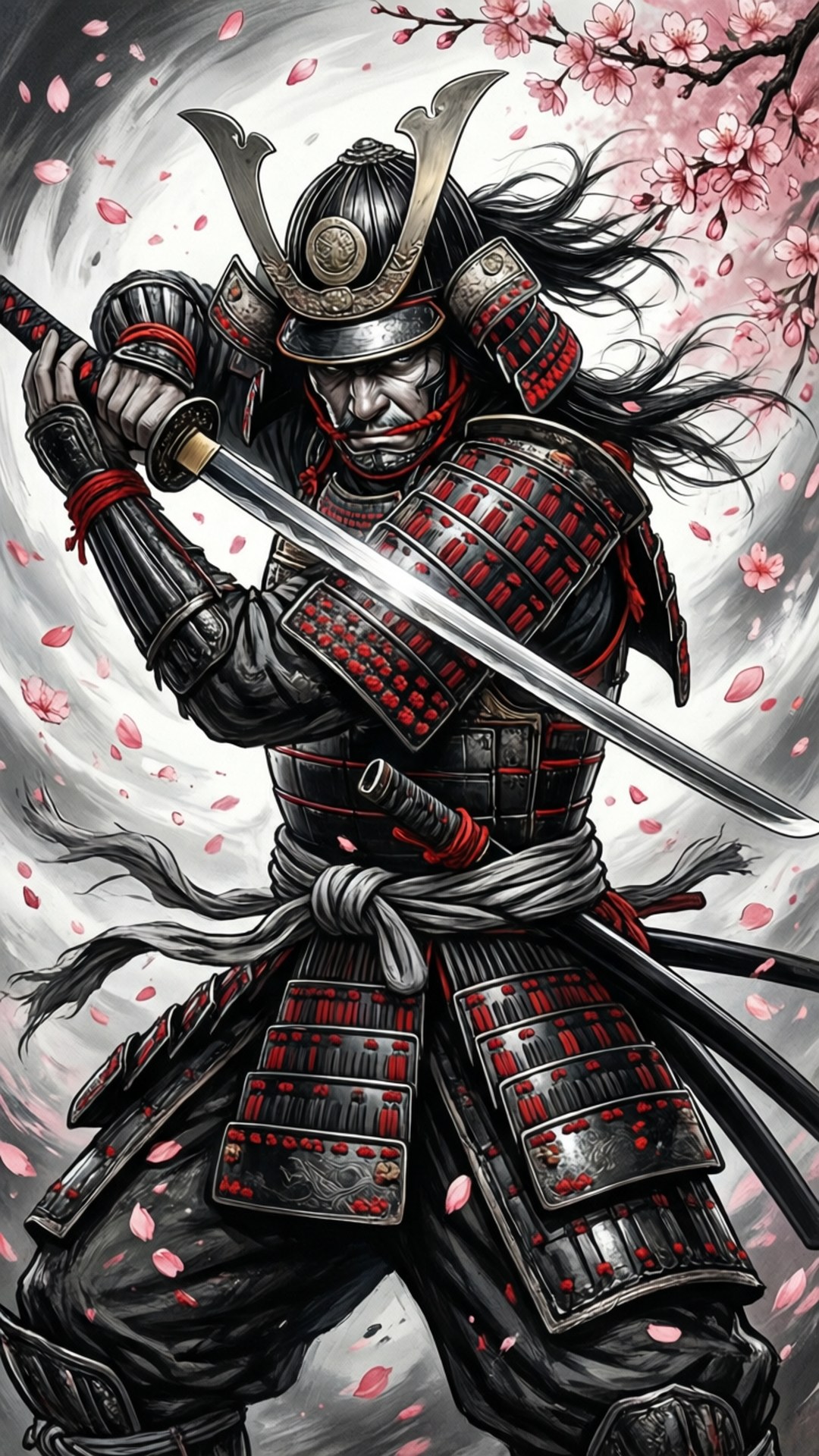 Samurai Katika Maua ya Cherry Picha ya Ukuta