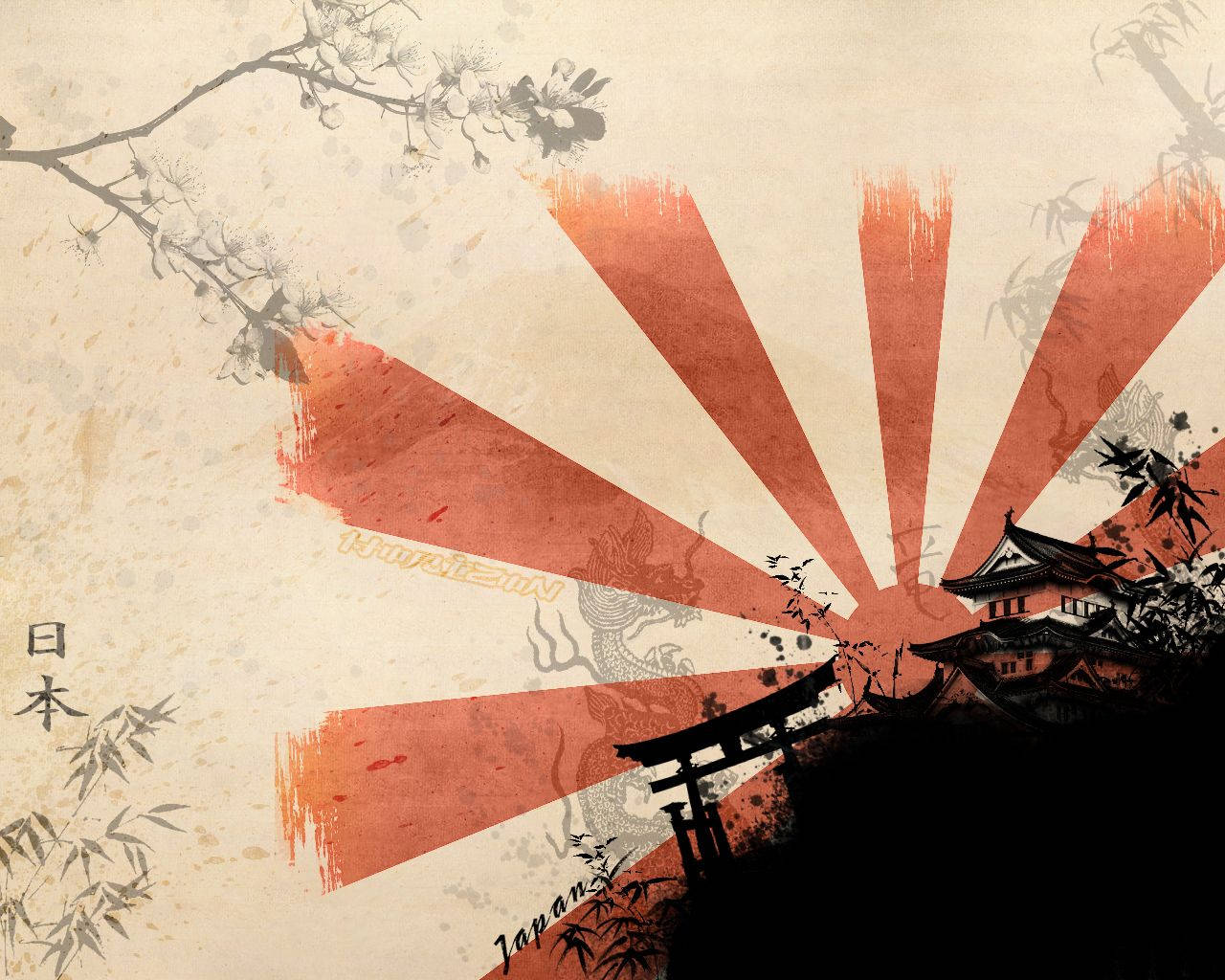 Samurai wa Japani na Jua Linachomoza Picha ya Ukuta