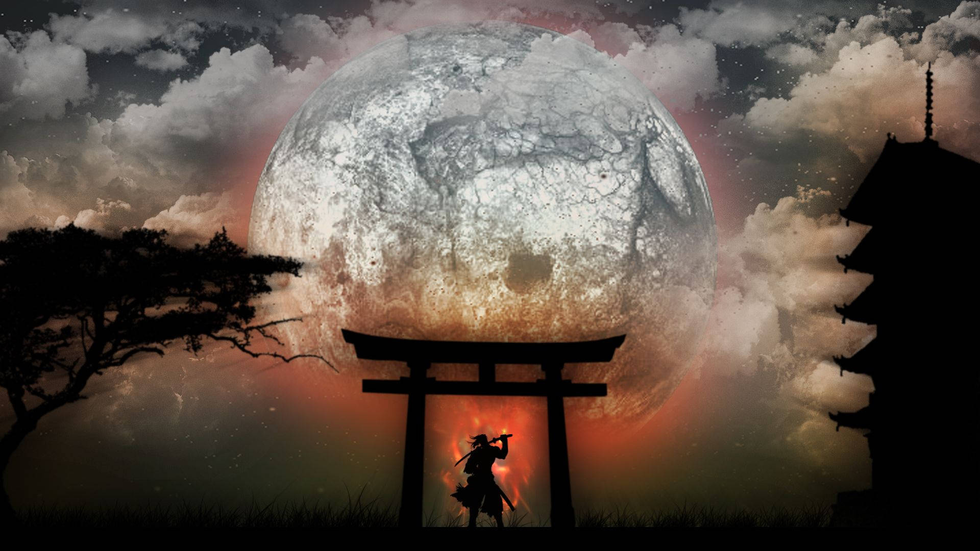 Samurai wa Japoni na Torii ya Mwezi Picha ya Ukuta