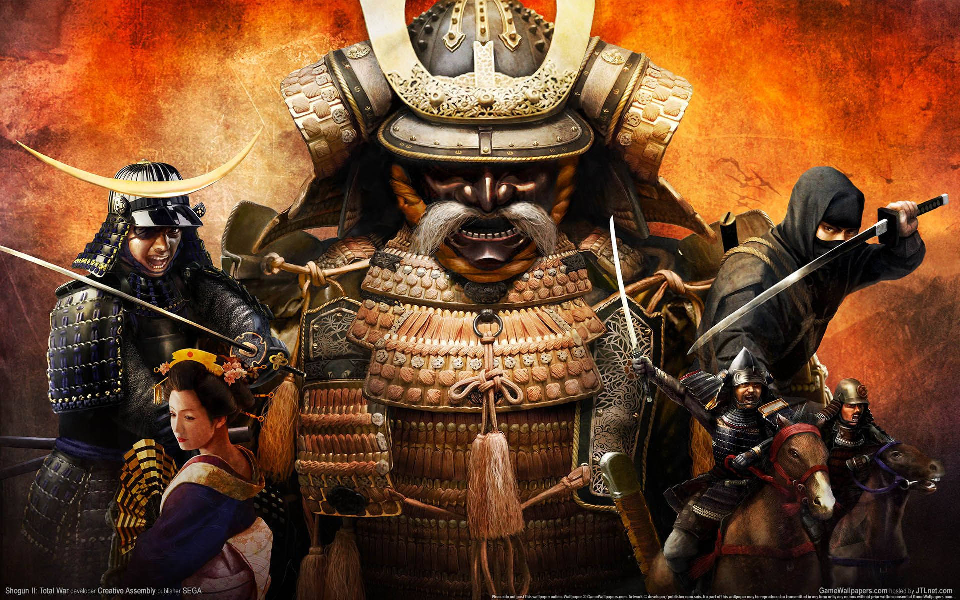 Samurai wa Kijapani akiwa na Geisha na Ninja Picha ya Ukuta