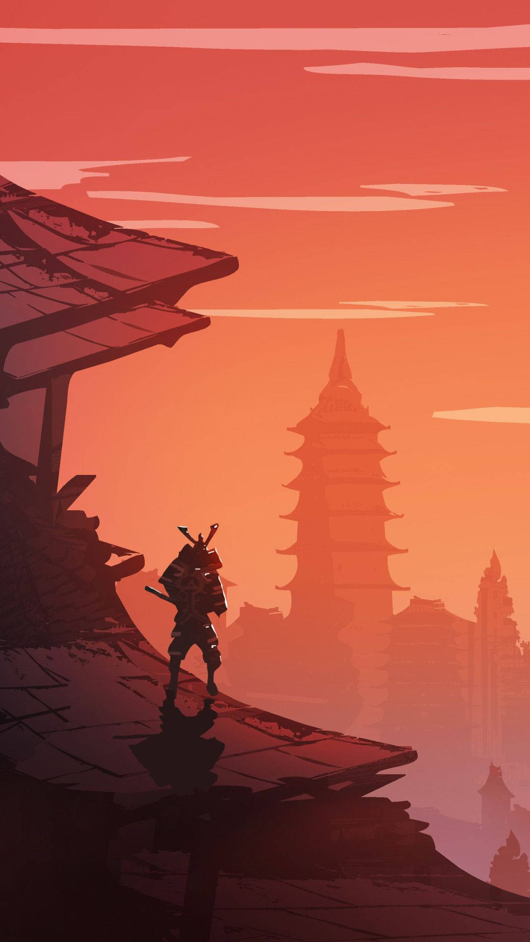 Samurai wa Kijapani Hekalu la Machweo Picha ya Ukuta