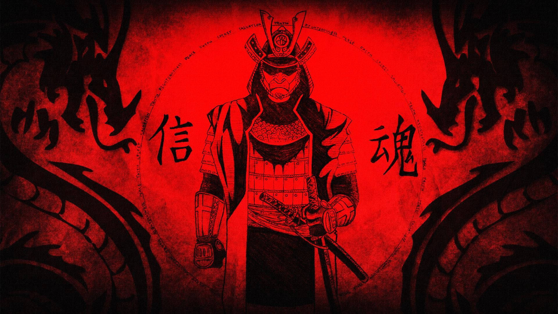 Samurai wa Kijapani Joka Nyekundu Pacha Picha ya Ukuta