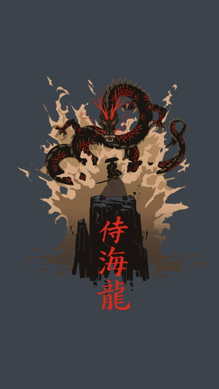Samurai wa Kijapani Mwamba na Joka Picha ya Ukuta