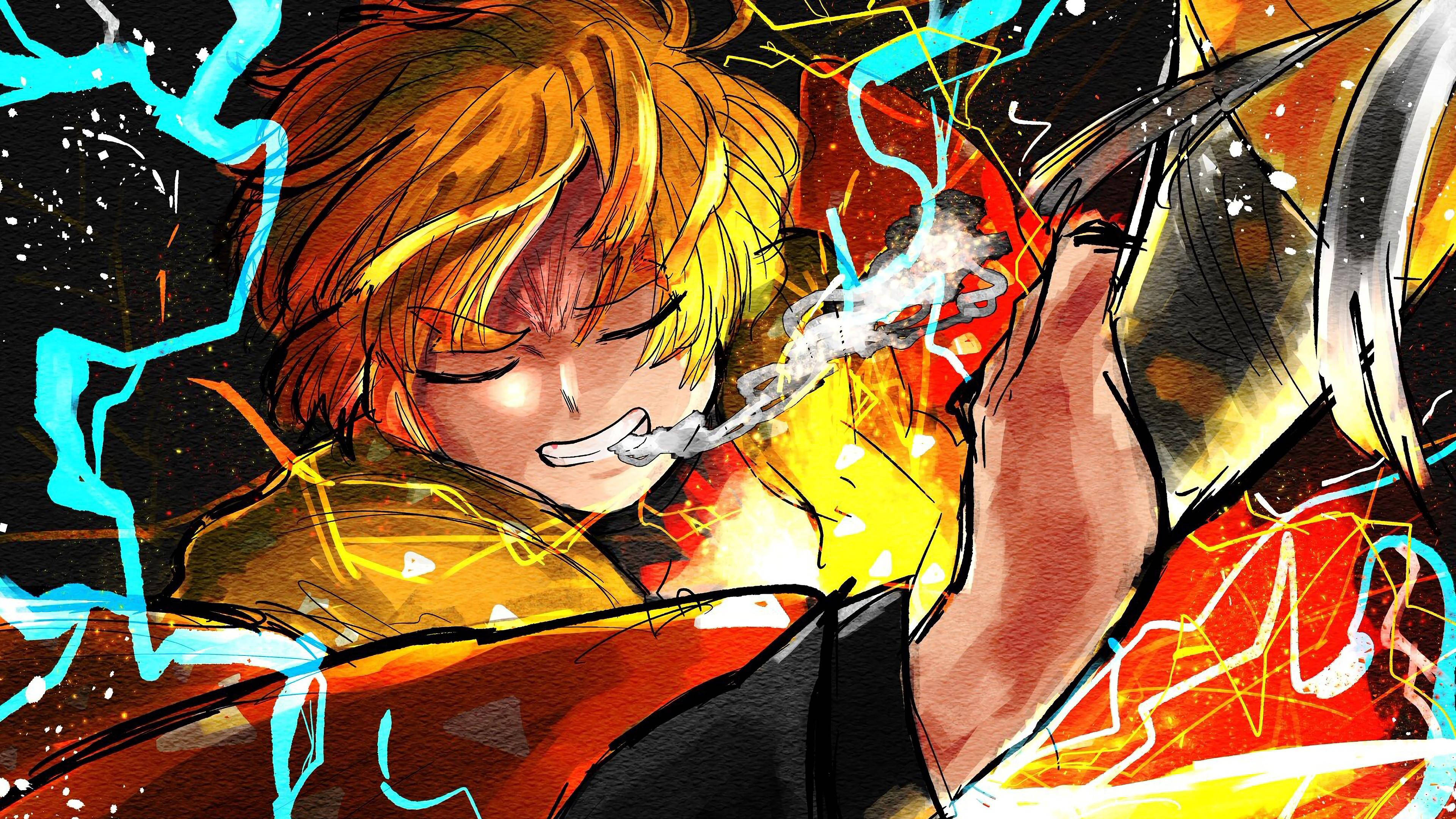 Sanaa Dijitali ya Zenitsu wa Demon Slayer Picha ya Ukuta